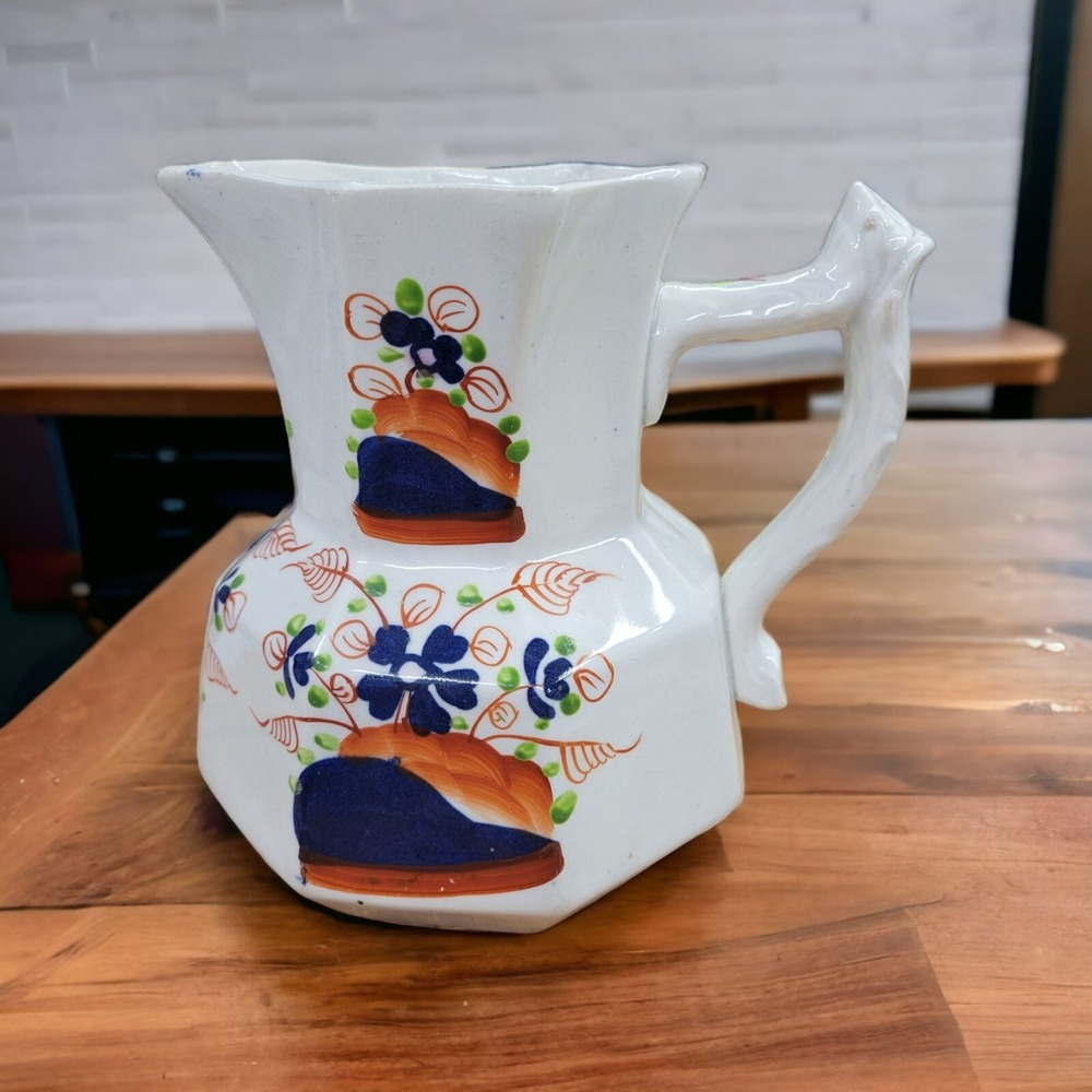 Antique Pitcher Jug Octagon Shape Cobalt Blue Orange Green Ceramic Floral 8 Side